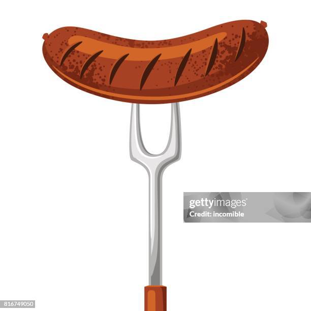 fried sausage on the fork. illustration for beer fest - fork stock illustrations