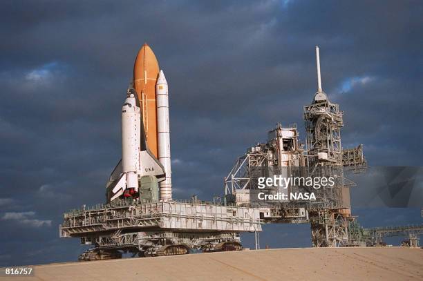 Space Shuttle Columbia arrives at Launch Pad 39B following an approximate seven-hour journey from the Vehicle Assembly Building, January 29, 1996 at...