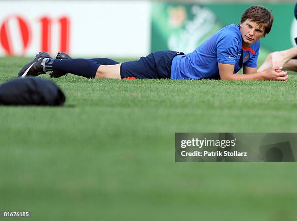 Andrey Arshavin of Russia lays on the ground during a training session at the Rankhof stadium on June 23, 2008 in Basel, Switzerland.