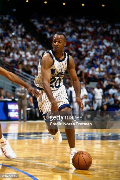 Armstrong of the Orlando Magic moves the ball up court in Game Two of the 1995 NBA Finals against the Houston Rockets at the Amway Arena on June 9,...