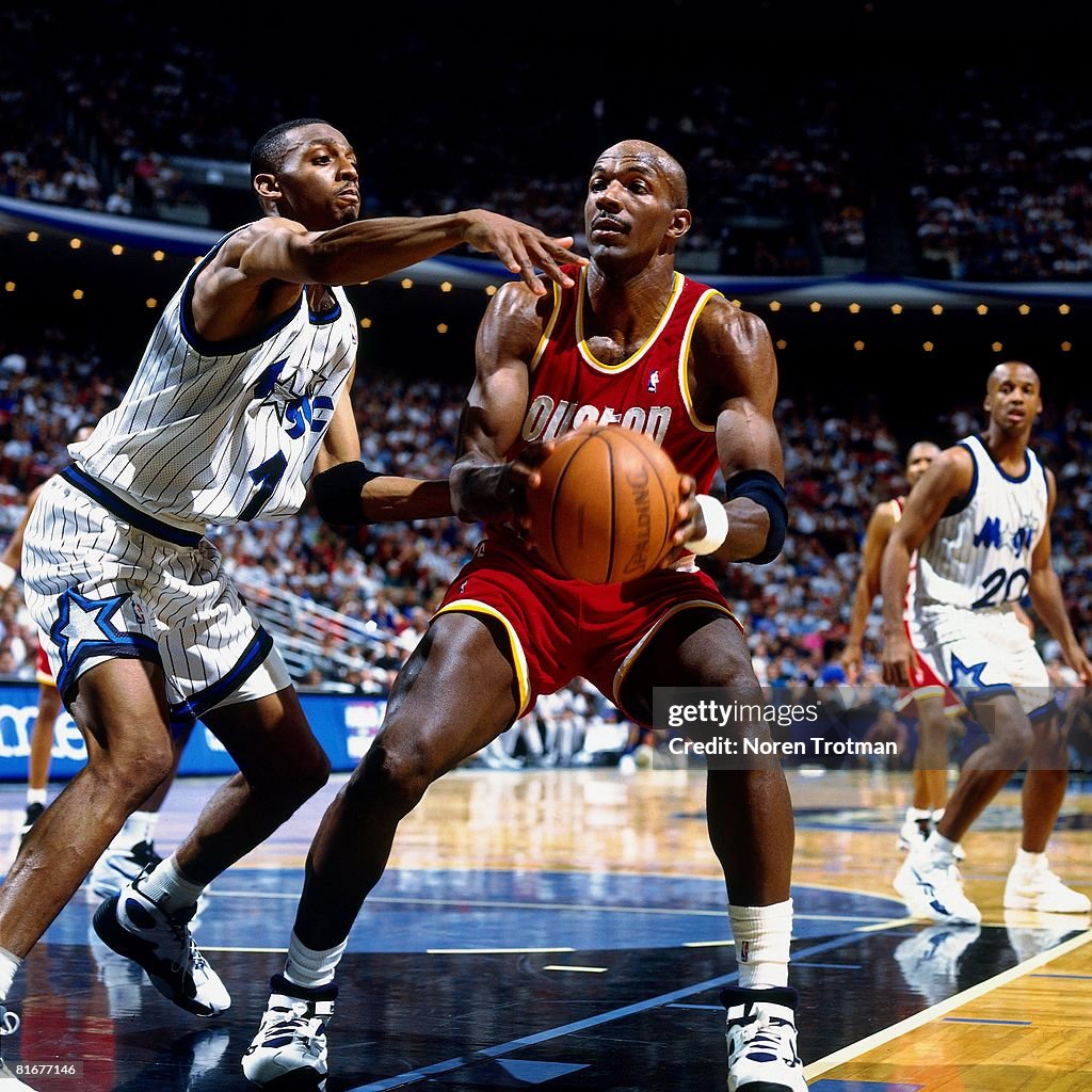 1995 Rockets Final Clyde Drexler of the Houston Rockets goes up for a shot against... News ...