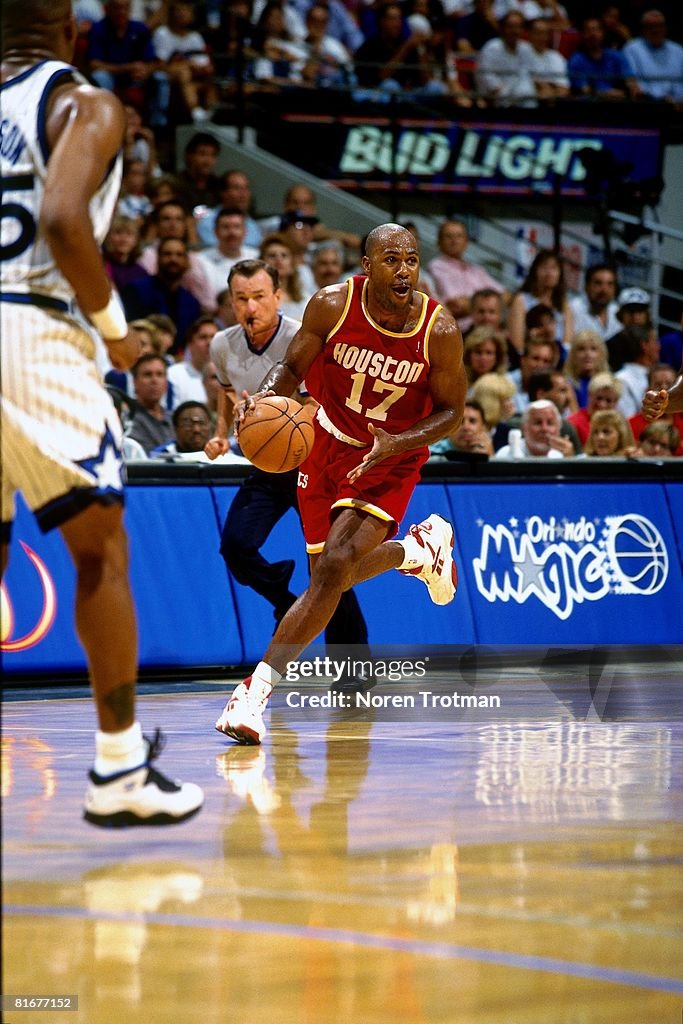 1995 Rockets Final Mario Elie of the Houston Rockets moves the ball up court in Game Two ...