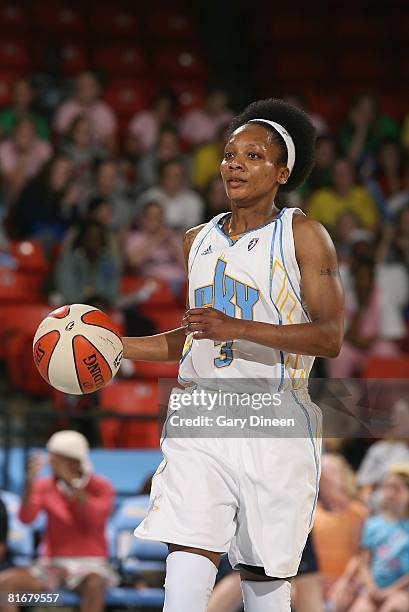 Dominique Canty of the Chicago Sky moves the ball against the Washington Mystics during the game on June 13, 2008 at the UIC Pavilion in Chicago,...