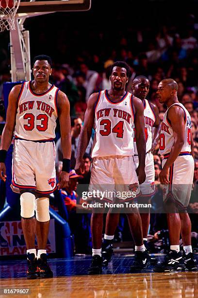 Patrick Ewing, Charles Oakley, Greg Anthony and Anthony Mason of the New York Knicks takes the court in Game One of the Eastern Conference Semifinals...