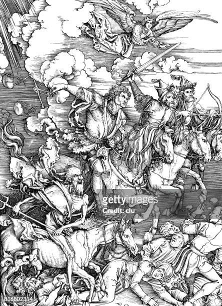 the horsemen of the apocalypse, 15th century - albrecht durer stock illustrations