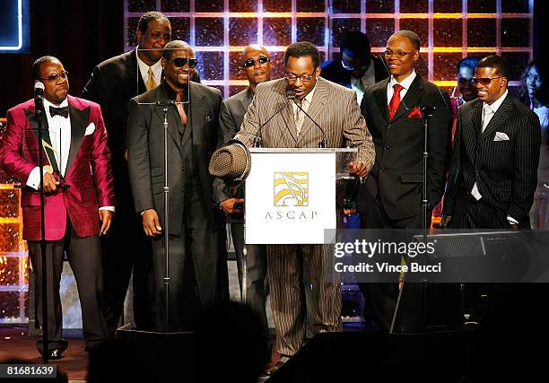 Singer Bobby Brown and fellow members of the group New Edition receive the Golden Note Award at ASCAP's 21st Annual Rhythm and Soul Music Awards on...