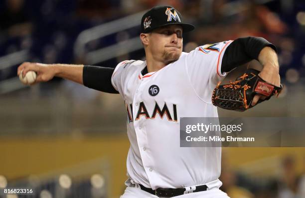 Tom Koehler of the Miami Marlins pitches during a game against the Philadelphia Phillies at Marlins Park on July 17, 2017 in Miami, Florida.