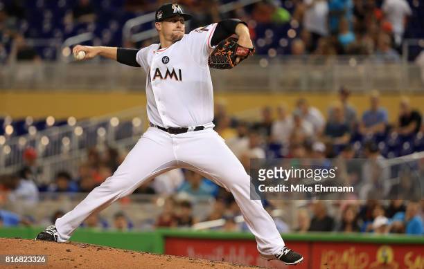 Tom Koehler of the Miami Marlins pitches during a game against the Philadelphia Phillies at Marlins Park on July 17, 2017 in Miami, Florida.