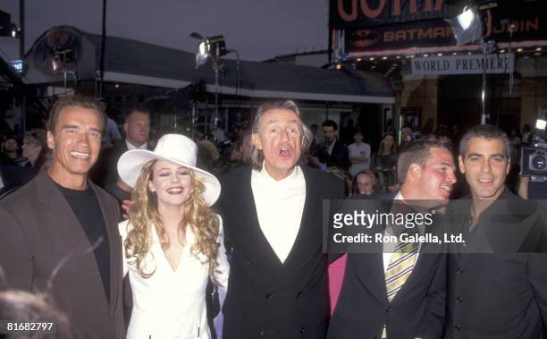 Actor Arnold Schwarzenegger, Actress Alicia Silverstone, Director Joel Schumacher, Actor Chris O'Donnell, and Actor George Clooney attend the "Batman...