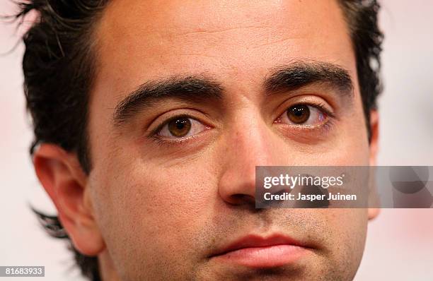 Xavi Hernandez of Spain listens to questions during a press conference at the Kampl training ground on June 24, 2008 in Neustift Im Stubaital,...