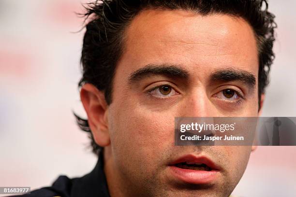 Xavi Hernandez of Spain listens to questions during a press conference at the Kampl training ground on June 24, 2008 in Neustift Im Stubaital,...