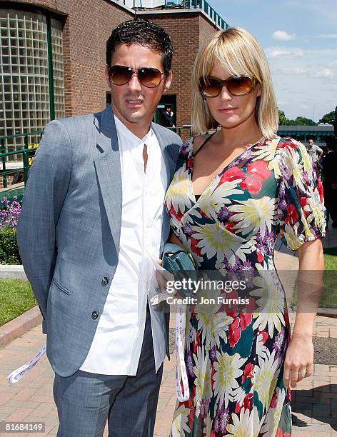 Actress Davina Taylor with her husband Dave Gardner arrive as a guests of Evian during the Wimbledon Championships 2008 at the All England Club on...