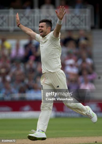 England's Jimmy Anderson celebrates taking the wicket of Quinton de Kock of South Africa during the third day of the second test between England and...