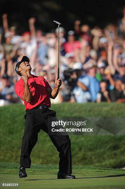 Tiger Woods of the US celebrates his birdie putt on the 18th hole in the fourth round of the 108th U.S. Open golf tournament at Torrey Pines Golf...