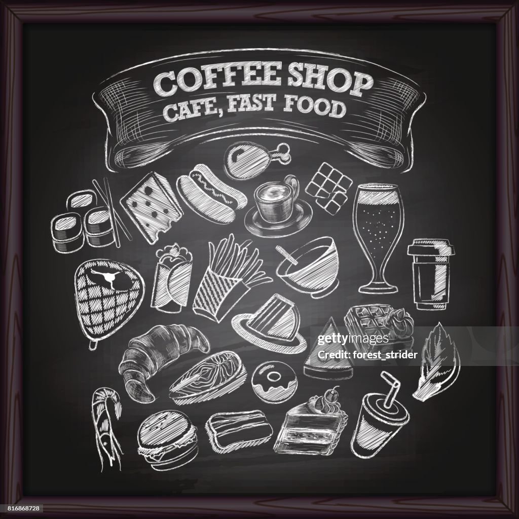 Café café y comida rápida iconos en pizarra
