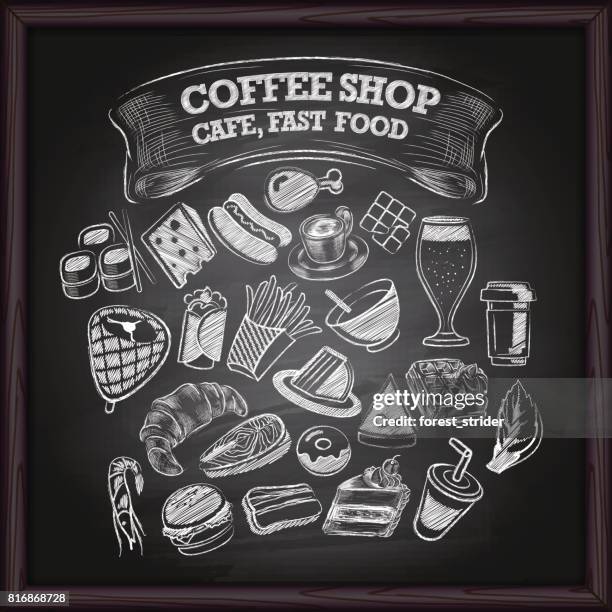 coffe cafe and fast food icons on chalkboard - blackboard stock illustrations