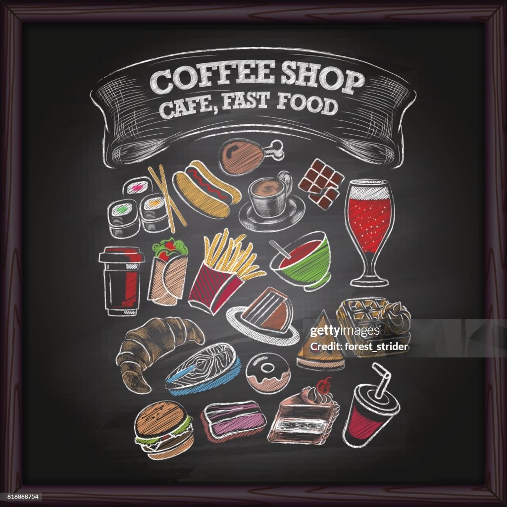 Coffe shop and fast food icons on chalkboard