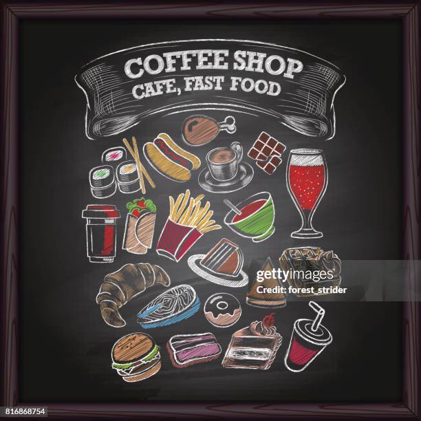 Coffe Cafe And Fast Food Icons On Chalkboard High-Res Vector