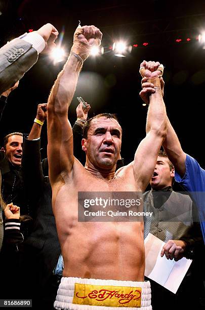 Jeff Fenech celebrates beating Azumah Nelson in their welterweight fight at the Vodafone Arena on June 24, 2008 in Melbourne, Australia.