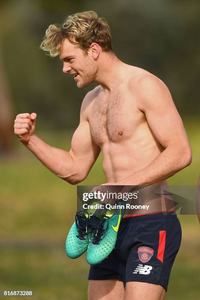 Jack Watts of the Demons celebrates during a Melbourne Demons AFL training session at Gosch's Paddock on July 18, 2017 in Melbourne, Australia.