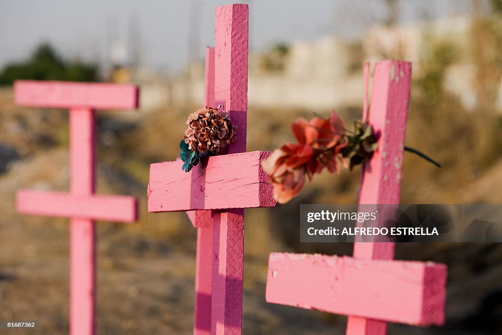 Pink wooden crosses are seen in the plac