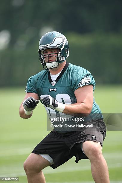 Offensive tackle Mike McGlynn of the Philadelphia Eagles blocks during mini-camp on May 27, 2008 at the NovaCare Complex in Philadelphia,...