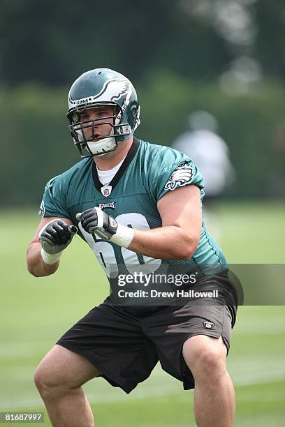 Offensive tackle Mike McGlynn of the Philadelphia Eagles blocks during mini-camp on May 27, 2008 at the NovaCare Complex in Philadelphia,...