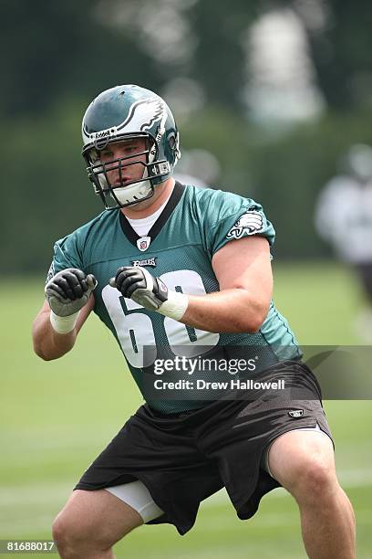 Offensive tackle Mike McGlynn of the Philadelphia Eagles blocks during mini-camp on May 27, 2008 at the NovaCare Complex in Philadelphia,...