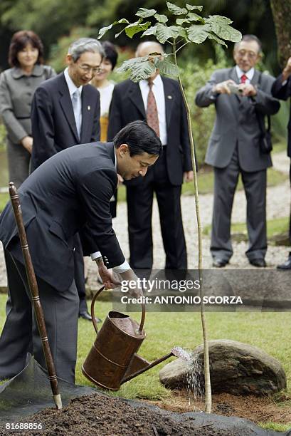 Japan's Crown Prince Naruhito waters an Ipe Branco after planting it in the Japanese Garden during a visit to Rio de Janeiro's Botanical Garden on...