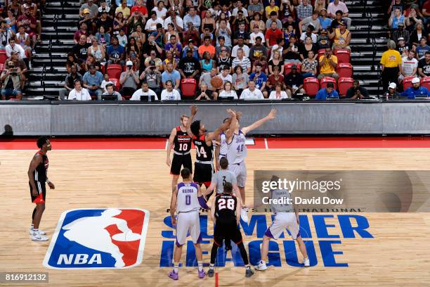 Ivica Zubac of the Los Angeles Lakers goes for the tip off against Keith Benson of the Portland Trail Blazers during the championship game of the...