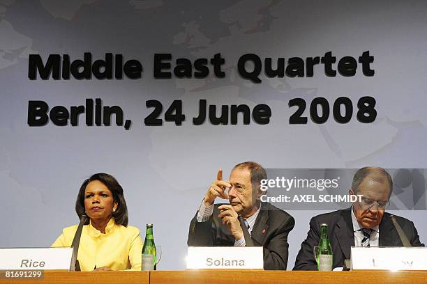 Secretary of State Condoleezza Rice, European Union's foreign policy chief Javier Solana and Russian Foreign Minister Sergei Lavrov address a press...