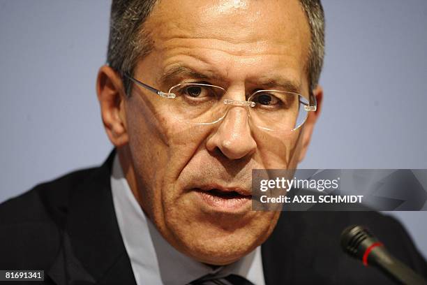 Russian Foreign Minister Sergei Lavrov addresses a press conference following a one-day conference in Support of Palestinian Civil Security and the...