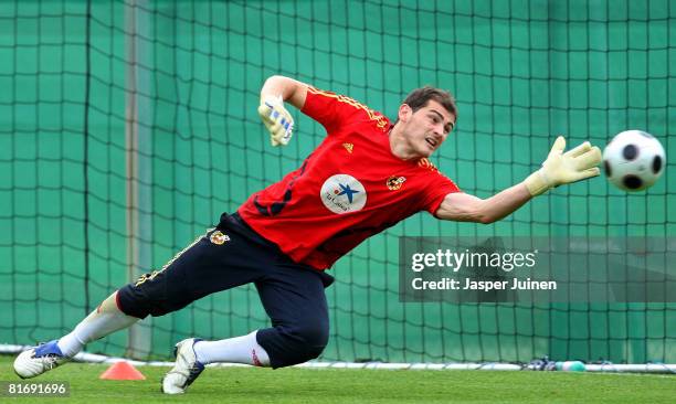 Goalkeeper Iker Casillas of Spain stops a ball during a training session at the Kampl training ground on June 24, 2008 in Neustift Im Stubaital,...