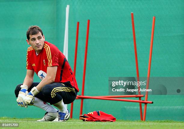 Goalkeeper Iker Casillas of Spain looks on during a training session at the Kampl training ground on June 24, 2008 in Neustift Im Stubaital, Austria....