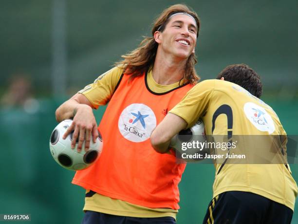 Sergio Ramos of Spain jokes with a teammate during a training session at the Kampl training ground on June 24, 2008 in Neustift Im Stubaital,...
