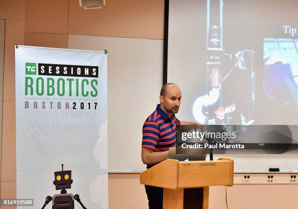 Claudia Perez D'Arpino, Robert Katzschmann and Andrew Spielberg give a workshop at the TechCrunch Sessions: Robotics at Kresge Auditorium on July 17,...