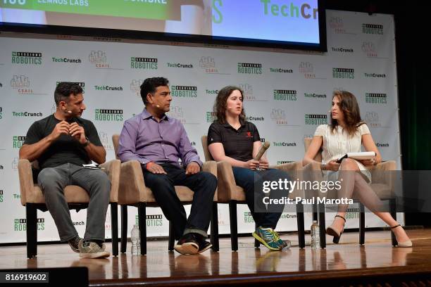 Josh Wolfe of Lux Capital, Manish Kothari of SRI and Helen Zelman speak at the TechCrunch Sessions: Robotics at Kresge Auditorium on July 17, 2017 in...