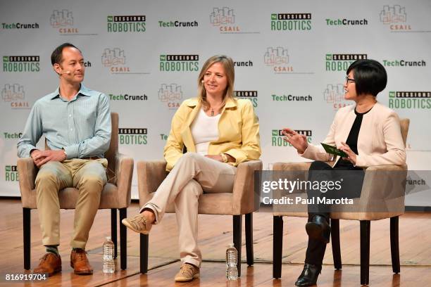 Andy Wheeler of GV and Helen Greiner of CyPhy Works speak at the TechCrunch Sessions: Robotics at Kresge Auditorium on July 17, 2017 in Cambridge,...