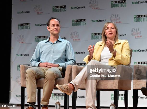 Andy Wheeler of GV and Helen Greiner of CyPhy Works speak at the TechCrunch Sessions: Robotics at Kresge Auditorium on July 17, 2017 in Cambridge,...