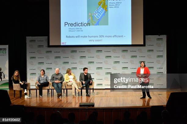 Claudia Perez D'Arpino competes at a Pitch-Off Session that includes judges Jeremy Conrad, Helen Greiner, Daniel Theobold and Melonee Wise at the...