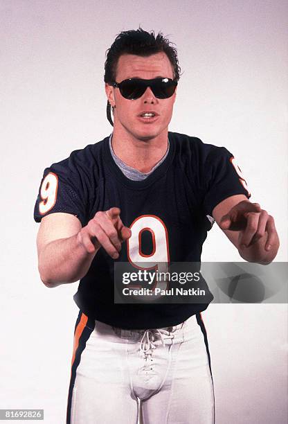 Quarterback Jim McMahon of the Chicago Bears during filming of the Super Bowl Shuffle in Chicago, Illinois in 1985.