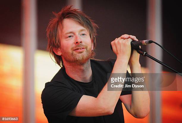 Thom Yorke of Radiohead performs during their first night at Victoria Park, in support of the album 'In Rainbows', on June 24, 2008 in London,...