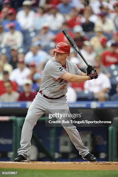 Jay Bruce of the Cincinnati Reds at bat against the Philadelphia Phillies at Citizens Bank Park on June 5, 2008 in Philadelphia, Pennsylvania. The...