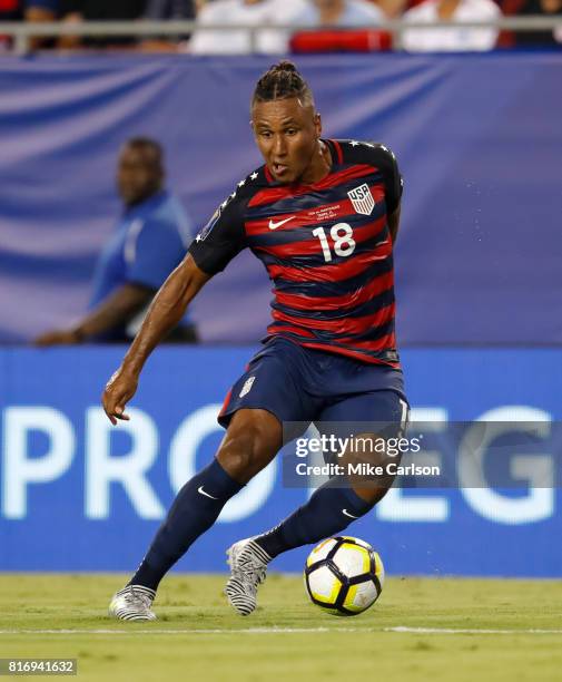 Juan Agudelo of the United States against Martinique during the first half of the CONCACAF Group B match at Raymond James Stadium on July 12, 2017 in...