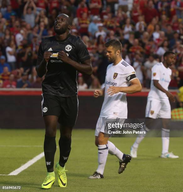 Romelu Lukaku of Manchester United celebrates scoring their second goal during the pre-season friendly match between Real Salt Lake and Manchester...