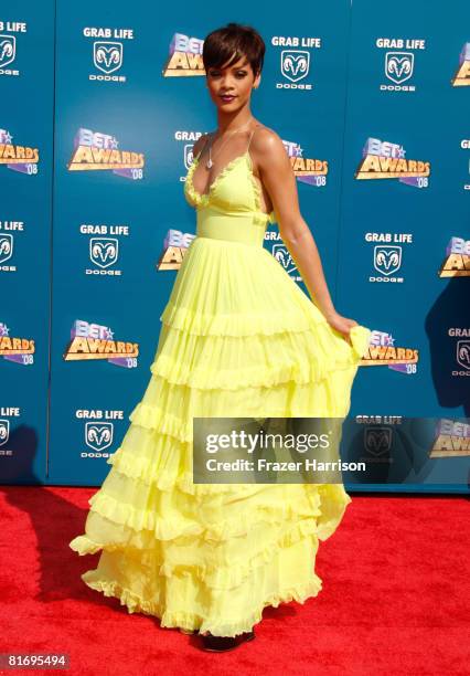 Singer Rihanna arrives at the 2008 BET Awards held at the Shrine Auditorium on June 24, 2008 in Los Angeles, California.