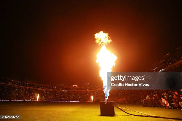 Fireworks are seen as part of the halftime show of a match between Cruz Azul and Porto as part of Super Copa Tecate at Azul Stadium on July 17, 2017...