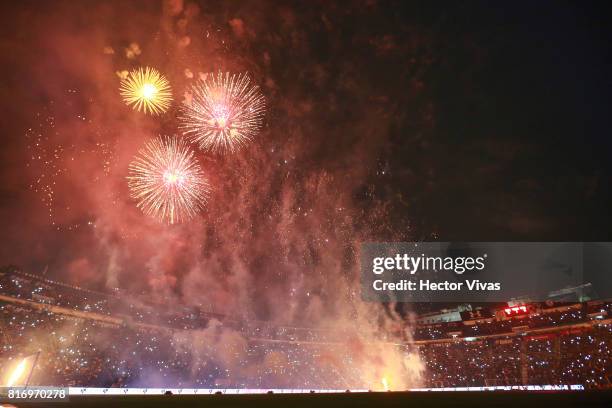 Fireworks are seen as part of the halftime show of a match between Cruz Azul and Porto as part of Super Copa Tecate at Azul Stadium on July 17, 2017...