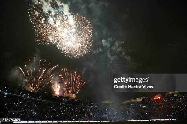 Fireworks are seen as part of the halftime show of a match between Cruz Azul and Porto as part of Super Copa Tecate at Azul Stadium on July 17, 2017...