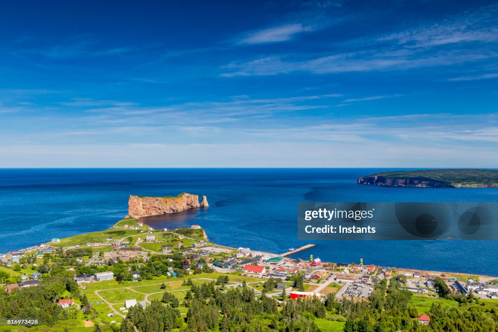A look at the small town of Percé and its famous Rocher Percé (Perce Rock), part of Gaspe peninsula in Québec.